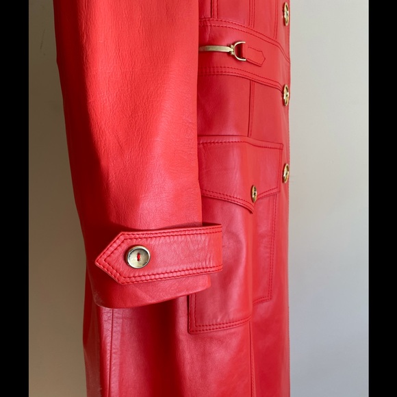Leda Spain by Gropper Tangerine Leather Trench Coat with Gold Tone Accents - Picture 7 of 16